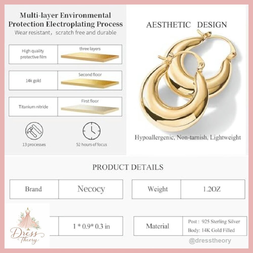 14K Gold Plated Chunky Triple Hoop Earrings Hypoallergenic 30mm - Picture 6 of 8